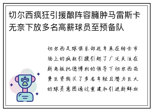 切尔西疯狂引援酿阵容臃肿马雷斯卡无奈下放多名高薪球员至预备队